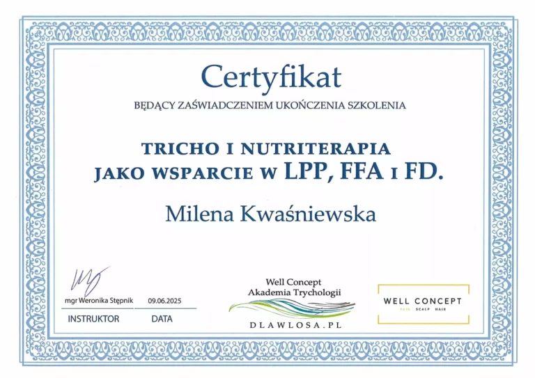 Trychologia funkcjonalna – holistyczne podejście do włosów Milena Kwaśniewska, specjalizuję się w diagnostyce i leczeniu problemów skóry głowy oraz włosów, oferując profesjonalne konsultacje i indywidualnie dobrane terapie. Nowa 15, 85-119 Bydgoszcz https://milena-trycholog.pl